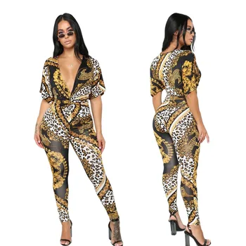 

Short-sleeved V-neck tight sexy print pattern Slim sexy high waist thin Leopard-print jumpsuit long paragraph without belt