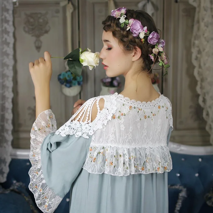 Осенняя хлопковая винтажная Женская длинная ночная рубашка с цветочным рисунком, элегантное платье для сна с рукавом три четверти, женская одежда для сна, большой размер 8028
