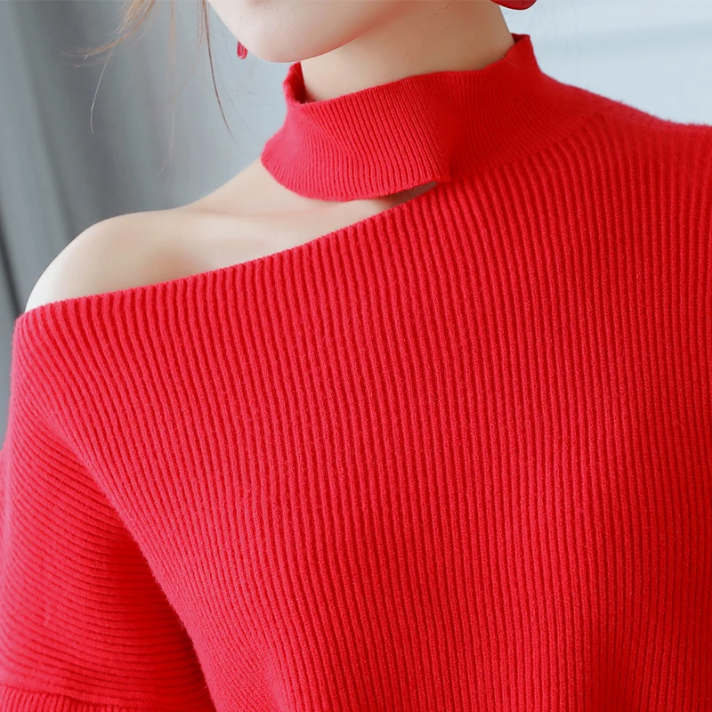 Fashion Pullover Full Sleeve Solid Knitted Women Sexy Off Shoulder Slash Neck Jumper Design Thick Sweaters Casual Loose