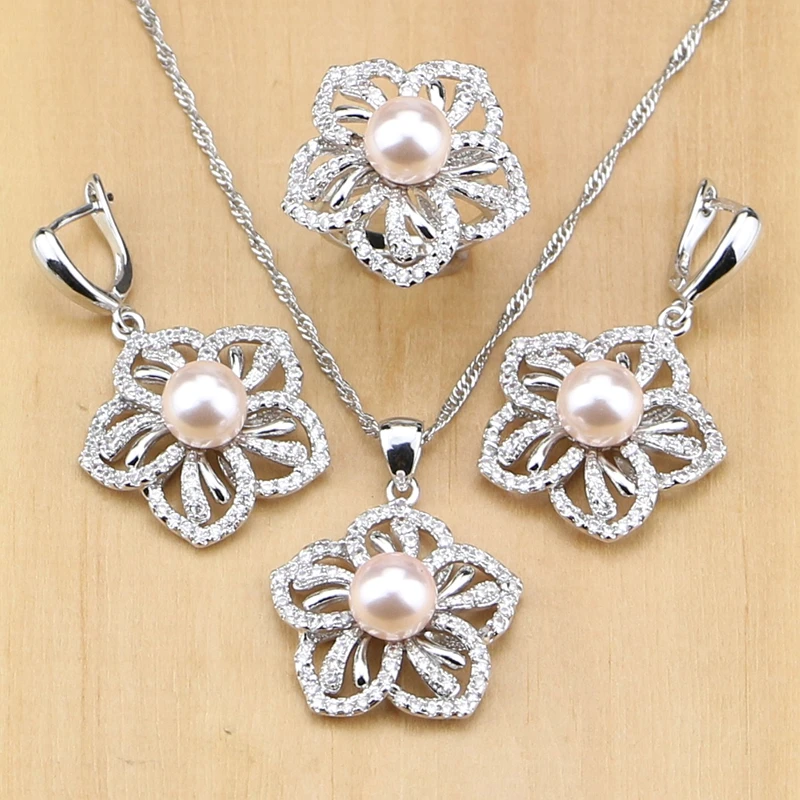 

Flower 925 Silver Jewelry Sets Pink Freshwater Pearls With Beads Decorations For Women Pendant Drop Earrings Rings Necklace Set