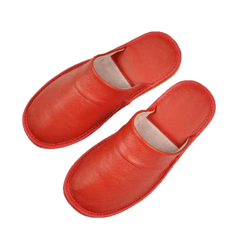 Genuine Cow Leather slippers couple indoor non-slip men and women home fashion casual single shoes PVC soft soles spring autumn - Color: 528 Red