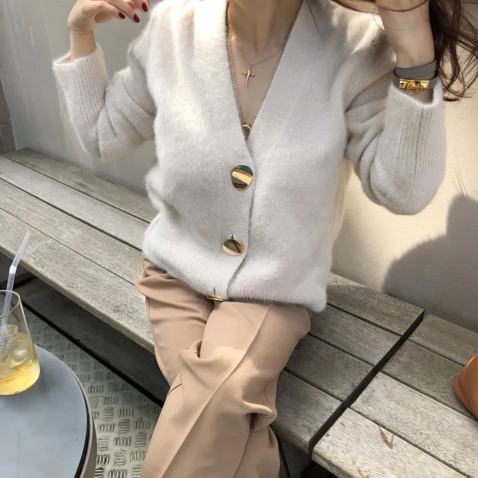 GRUIICEEN new winter thick knitting mink cashmere cardigan sweater women fashion single breasted cardigan coat GY201955