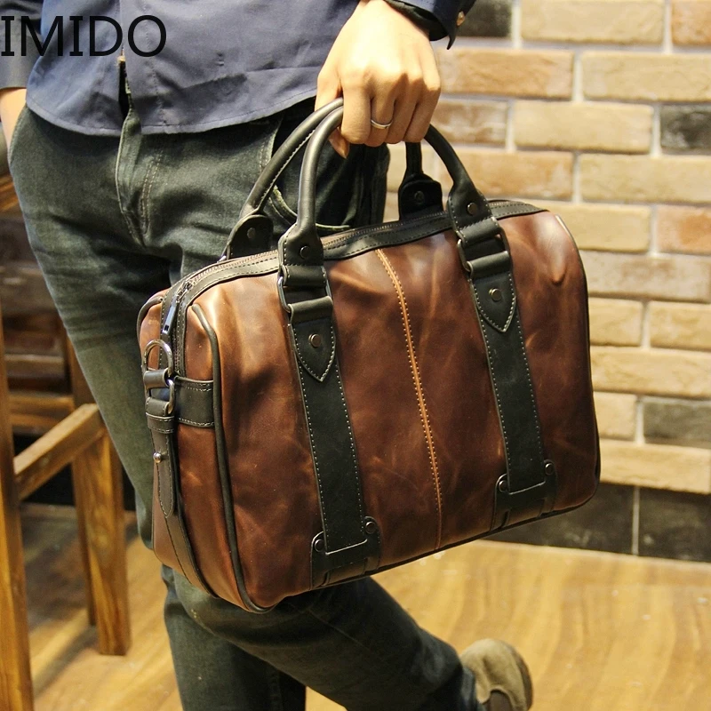 

IMIDO New Crazy Horse PU Leather Laptop Briefcase Business Computer for Men Vintage Handbags Cross Briefcases Shoulder Bags Tote