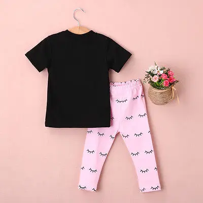 Kids Baby Girls summer clothes set 2pcs suit Lips Tops and eyelash Pink Pant children's clothing sets