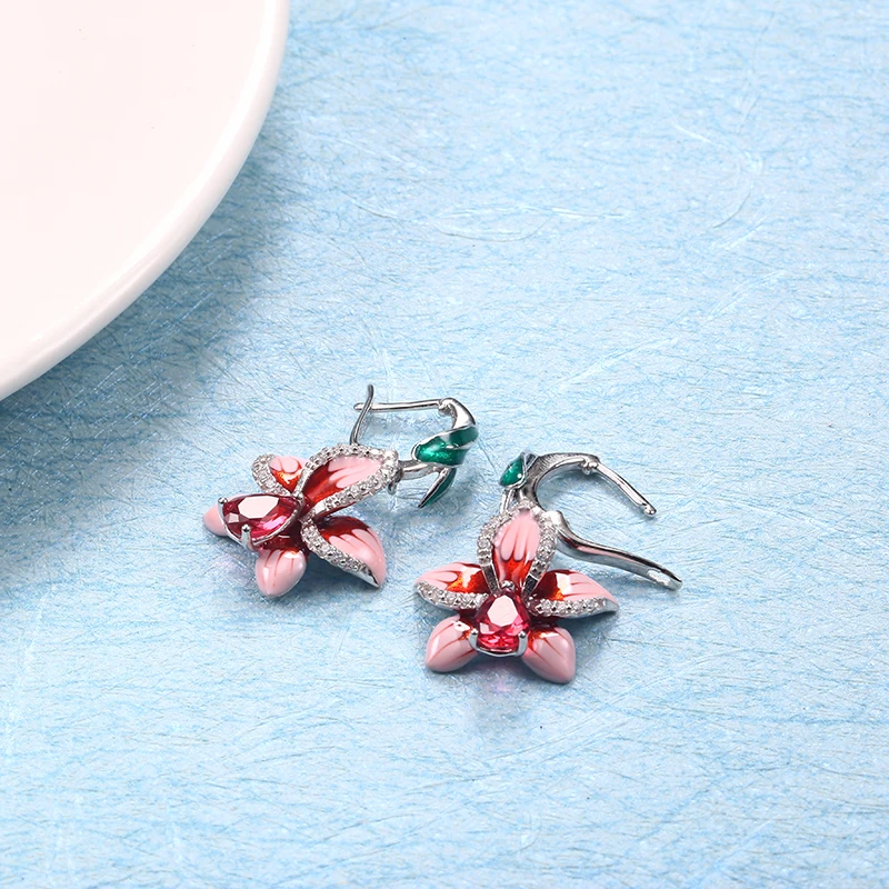 2018 New Pink Enamel silver orchid Jewelry Set (stub Earrings Pendant ring) Authentic 925 Sterling Silver Jewelry DIY Making (6)