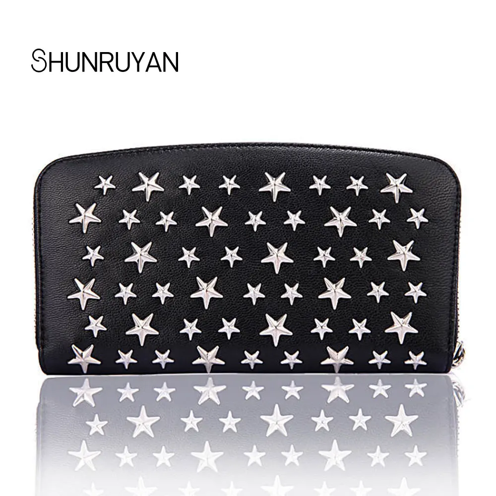 

SHUNRUYAN Brand Design Women Genuine Leather Vintage Five Stars Rivets Wallets Long Clutch Wallet Ladies Purse Money Clips Card