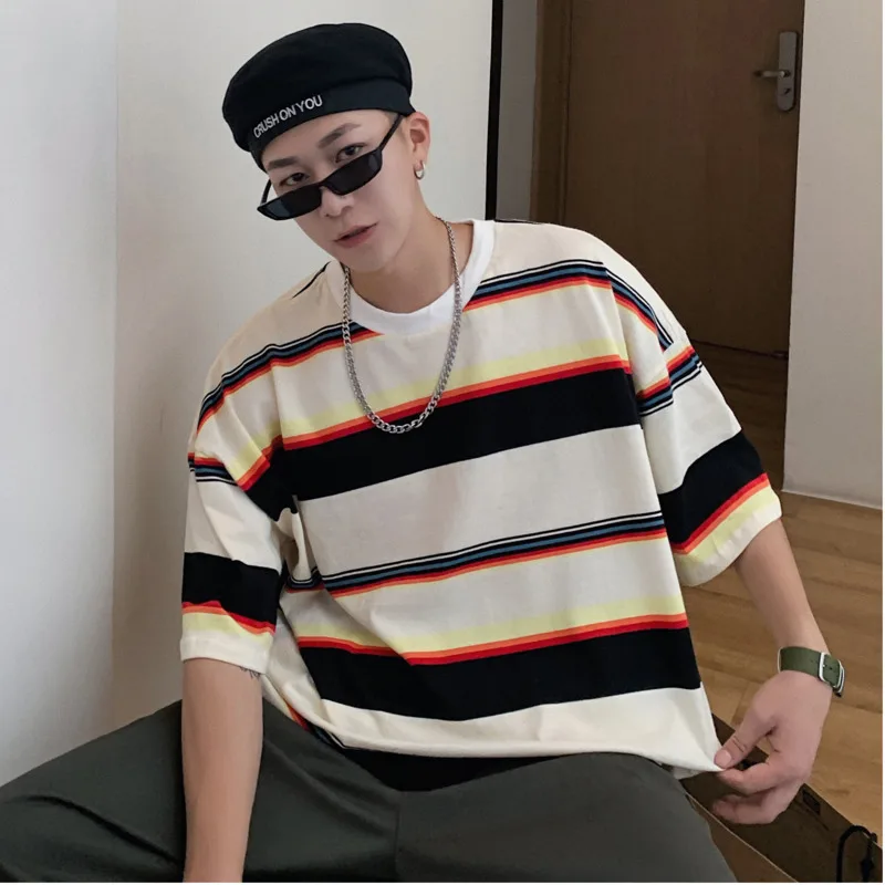 

Summer New Striped T Shirt Men Fashion Casual Short-sleeved Tshirt Man Streetwear Trend Wild Hip-hop Loose Cotton T-shirt M-2xl