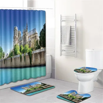 

shower curtain bathroom mat Notre Dame 4Pcs Waterproof bath Set Non-Slip Rug Toilet Lid Cover Bath Mat odorless Rugs 5.9