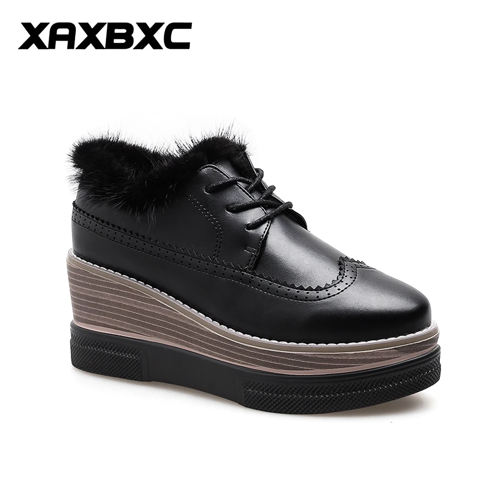 

XAXBXC 2019 Winter Autumn Leather Short Fur High Heels Platform Wedges Square Toe Women Shoes Casual Lady Mujer Femme Shoes