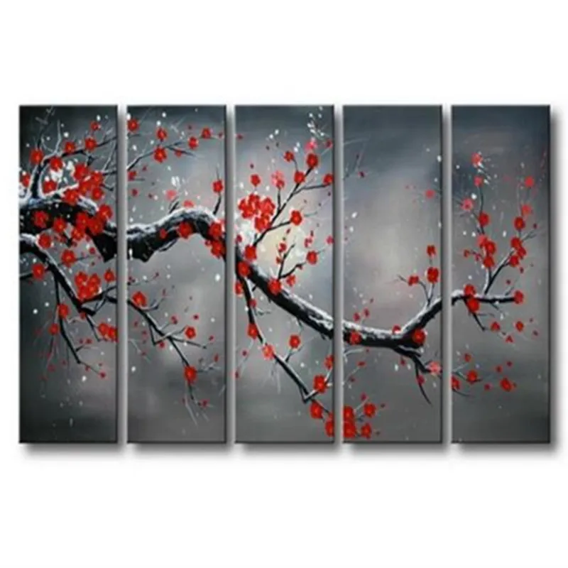 

Large 4 Panel Painting Handpainted Abstract Flowers Oil Paintings on Canvas Modern Red Plum Floral Pictures Home Decor Wall Art