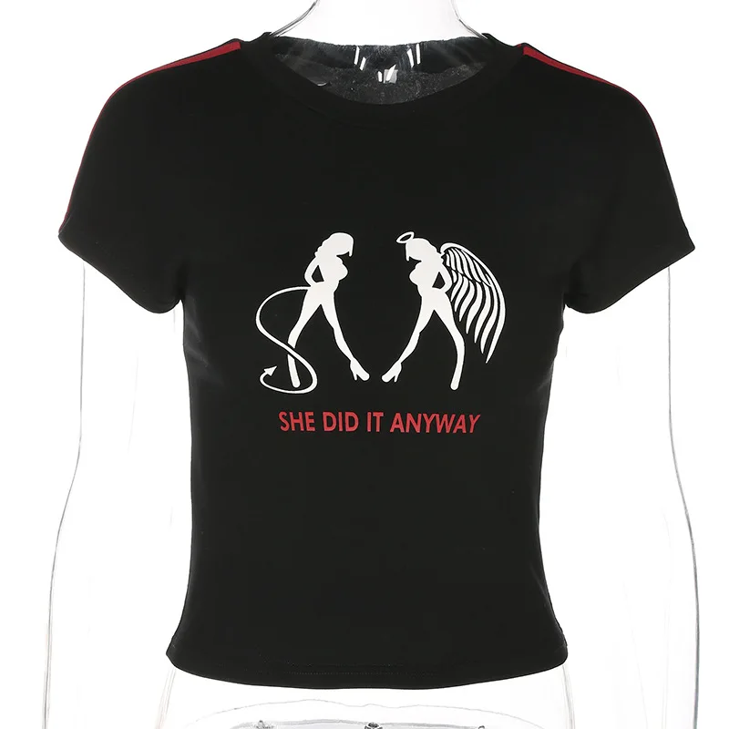 Летние сексуальные топы в стиле панк рок с принтом ангела и дьявола, укороченные полосатые топы с бретельками, женские облегающие футболки