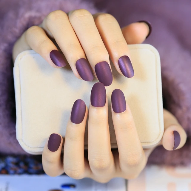 Matte Style Fake Nails Round Wine Grape Purple Lady Acrylic False Matte Style Fake Nails Round Wine Grape Purple Lady Acrylic False Nail Kit 24pcs With Double
