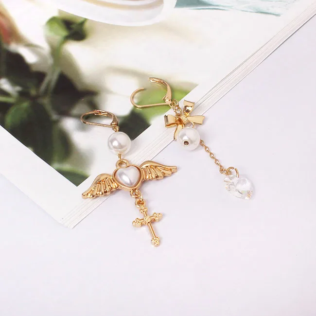 Factory Wholesale Japanese Angel Wings Heart Cross Crystal Earrings