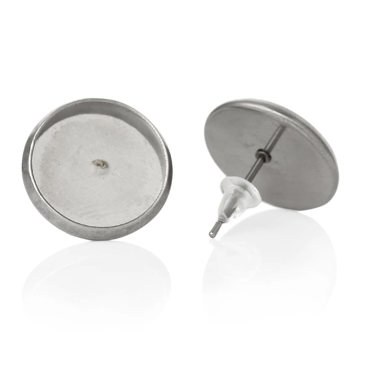 

DoreenBeads Stainless Steel Blank Setting Earrings Post Round Silver Tone Cabochon Settings(Fit 12mm)W/Stoppers 14x13mm,1Pairs