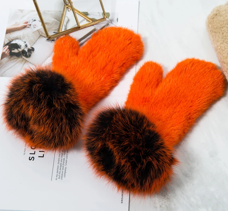 ZDFURS* брендовые модные зимние женские перчатки из натурального меха норки, вязаные варежки, толстые теплые меховые перчатки и варежки - Цвет: Orange