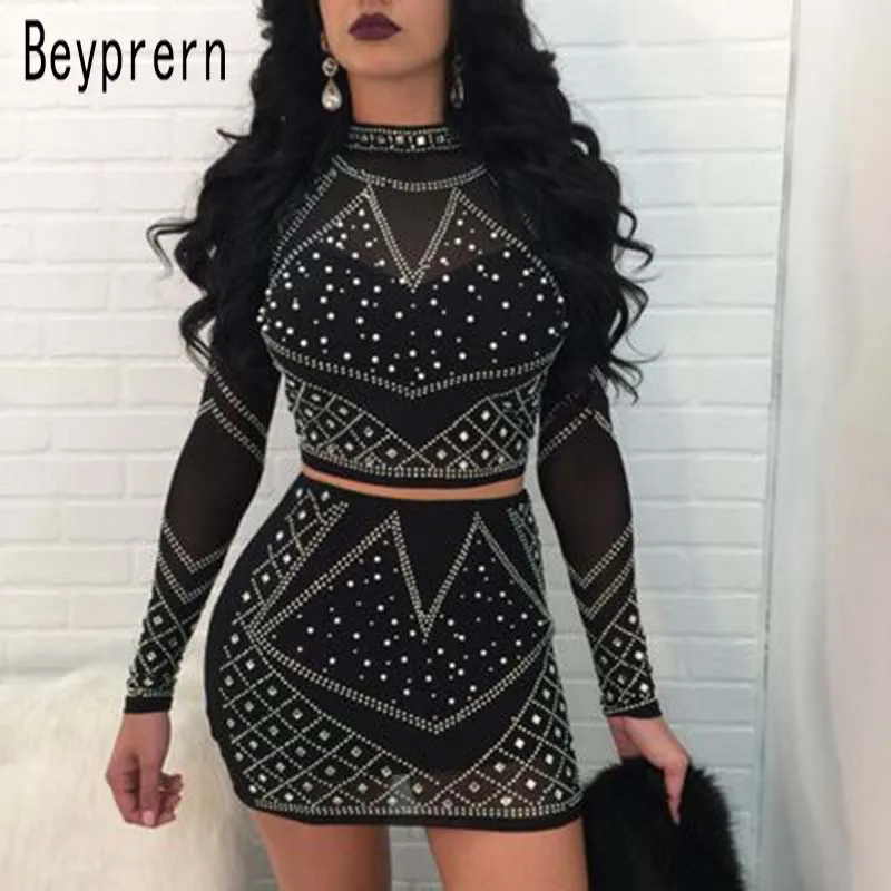 

Beyprern Sexy Mock Neck Rhinestone Embellished Skirt Set Two Pieces Spring Long Sleeve Sheer Mesh Crop Top Mini Shirt Clubwear