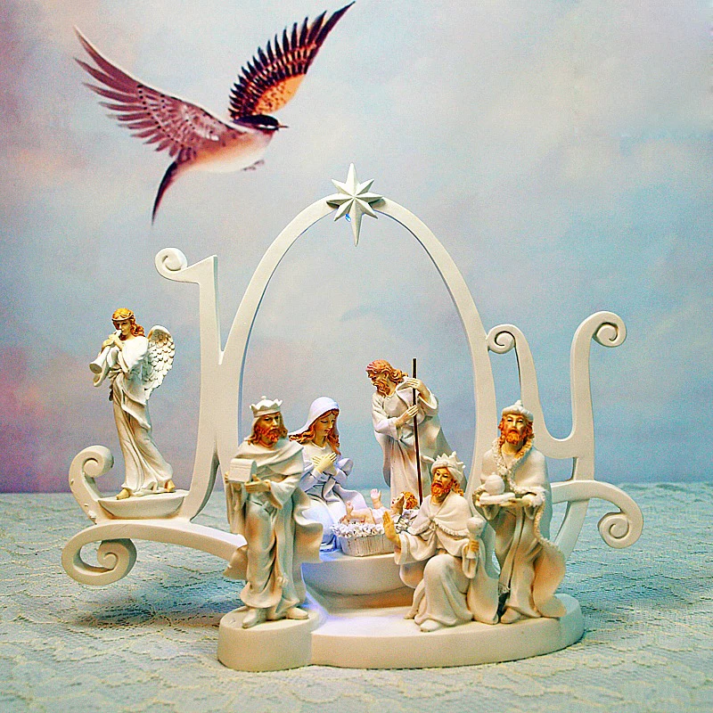 Nativity Scene With LED Light Hand Painted Christmas Figurine Decor