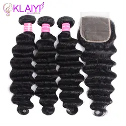 Klaiyi малазийские свободные глубокие волнистые пучки с закрытием 4X4 свободная часть 100% человеческих волос 3 Связки с закрытием 4 шт. волосы remy