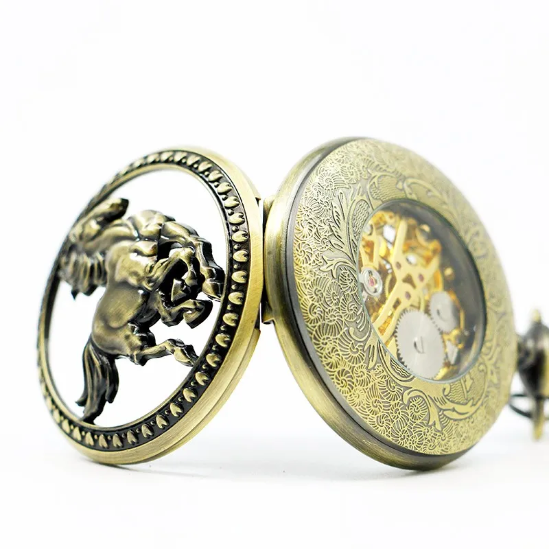 Винтажные бронзовые мощные лошадиные полые механические карманные часы Скелет ручной подвесной медальон ожерелье цепь