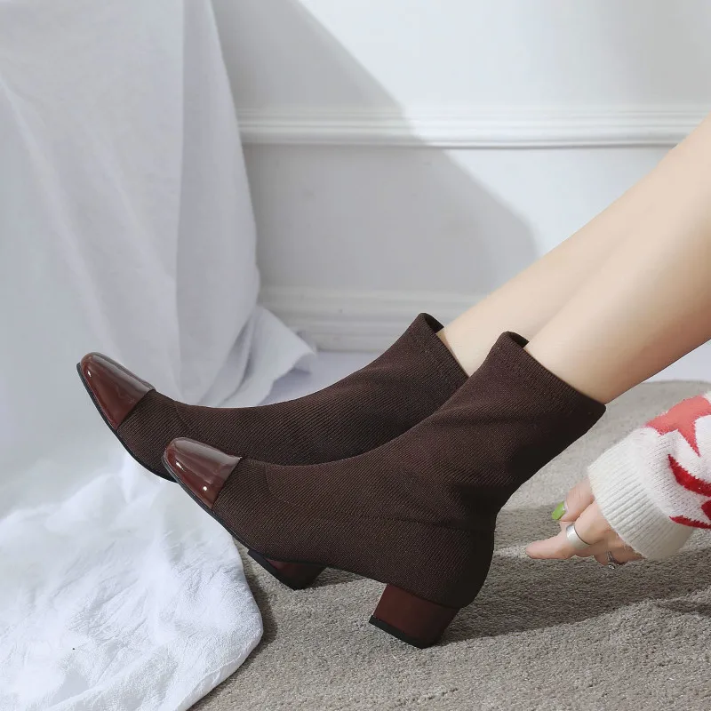 

2019 Slim Stretch short Boots for Women thin heel ladies Sock ankle Boot Square toe Shoes Woman Fashion Bota Feminina