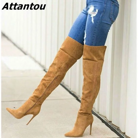 

Awesome Women Chic Solid Brown Suede Knee High Stiletto Heel Boots Sexy Pointed Toe Side Zip Long Boots Pretty Girls Love Shoes