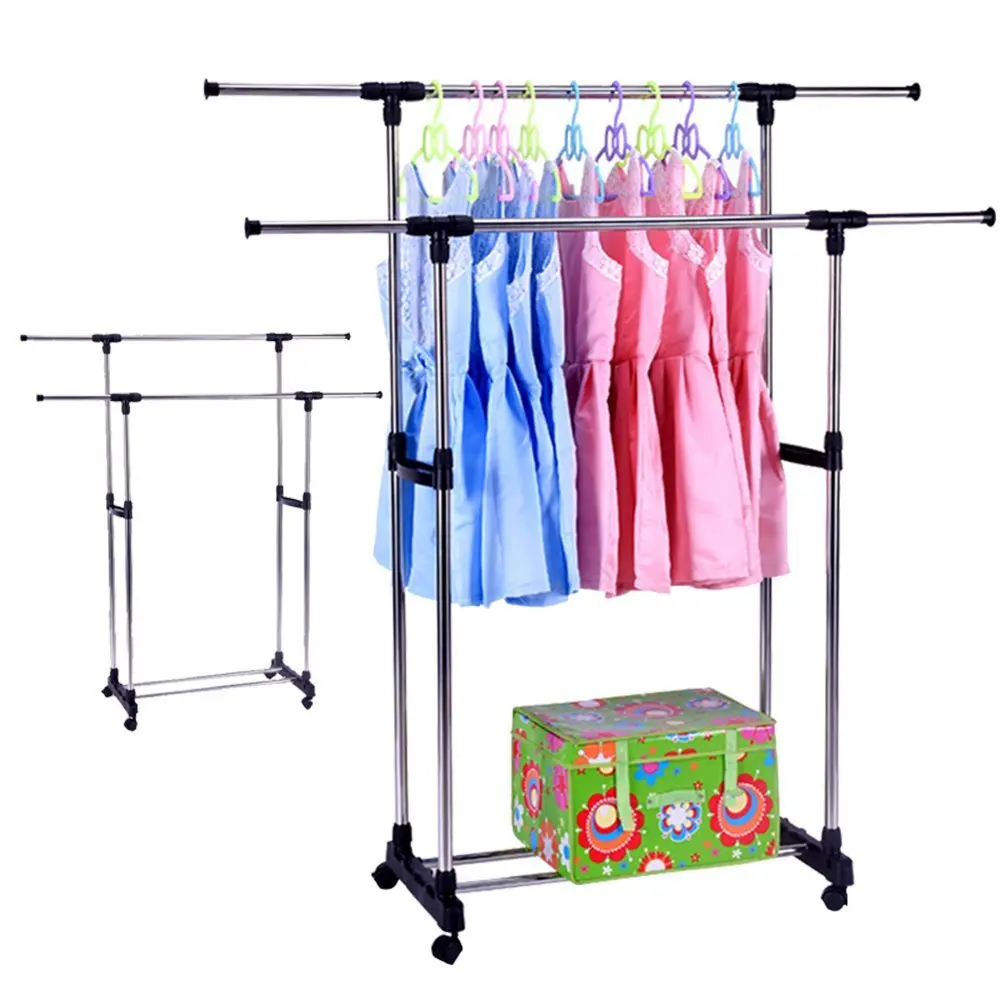 Portable Double Rods Clothes Rack Adjustable Garment With Wheels Tiers Storage Shelves