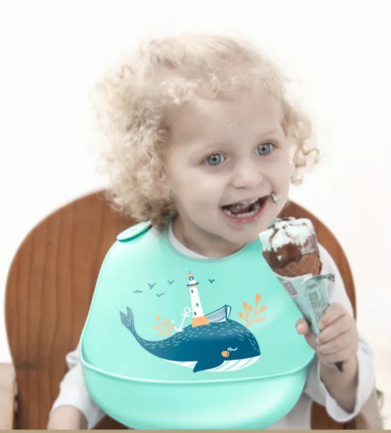New Printed Carton Silicone Bib Waterproof Baby Feeding Newborn Cartoon Aprons Adjustable Baby Bibs Burp Cloth baby essential 