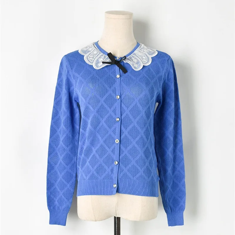 

Luxury Brand Designer Knitted Cardigans for Women Stitching Lace Collar Geometric Rhombic Bow Diamond Buttons Knitted Sweater
