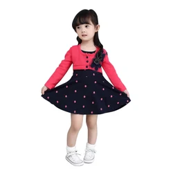 

Spring Summer Fashion Sweet Baby Dresses Kids Girl Princess Dress Floral Long Sleeve Fake Two Piece Dots Cotton Dress 2-4Y 7881