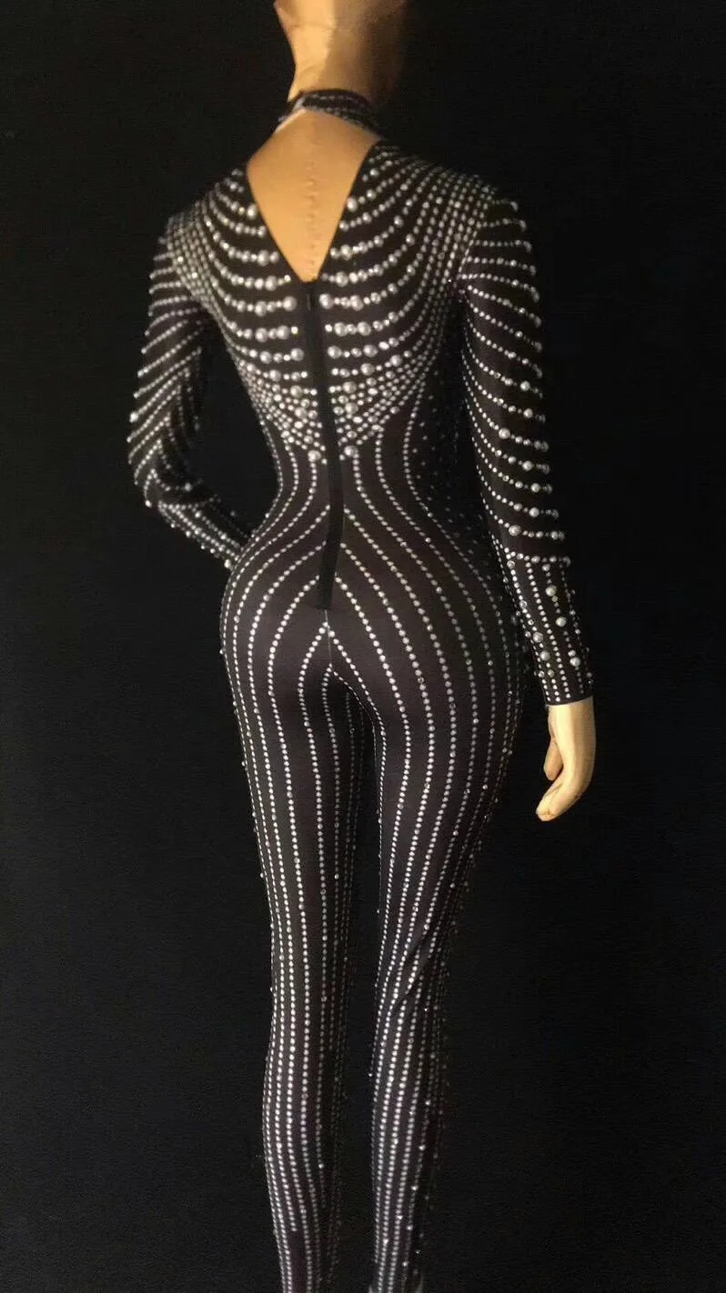 Fashion Shining Black Nude women Pearls  One-piece Stretch Sexy Bodysuit Stage Performance Party Celebrate luxurious Leggings
