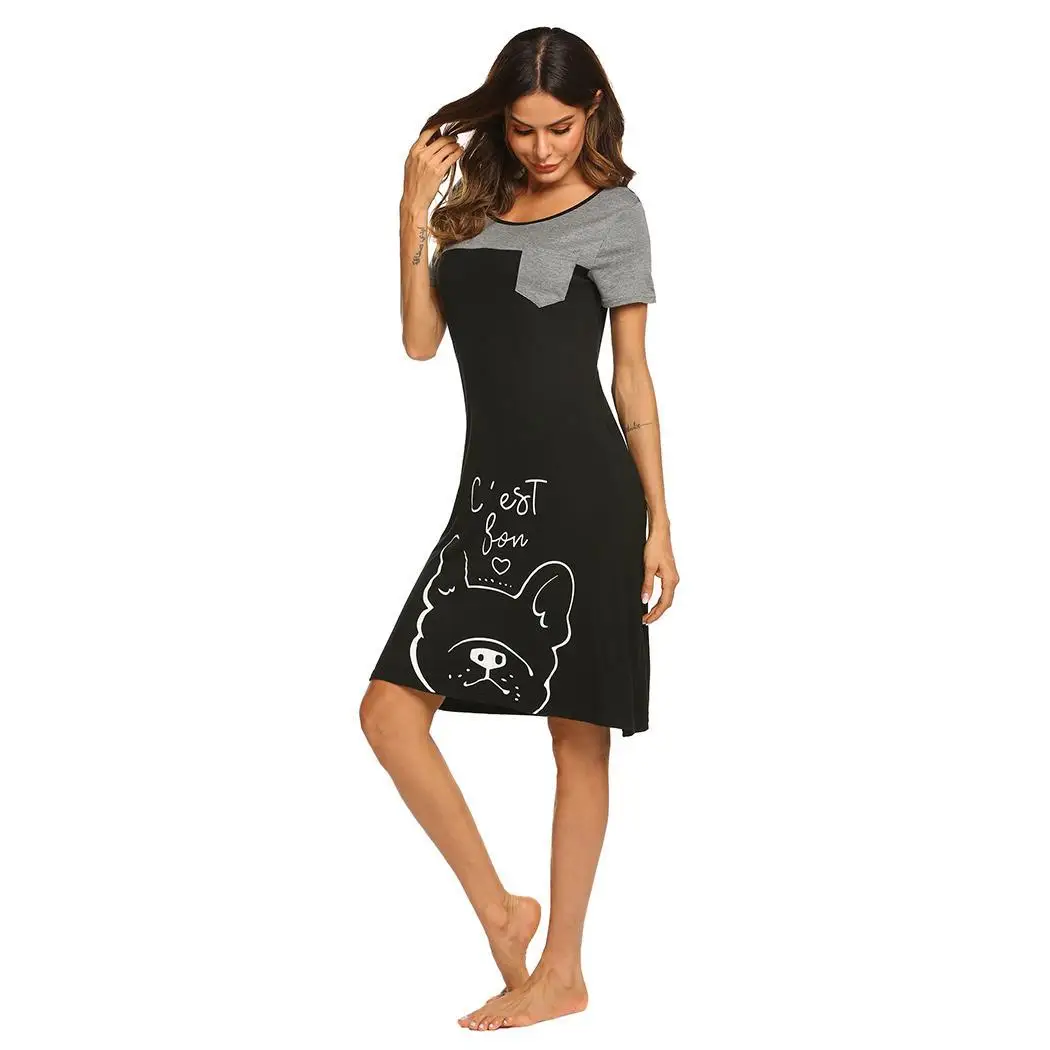 Ekouaer Для женщин Летняя Ночная рубашка пижамы О-образным вырезом короткий рукав рубашки пижамы по колено карман Ночные сорочки платье