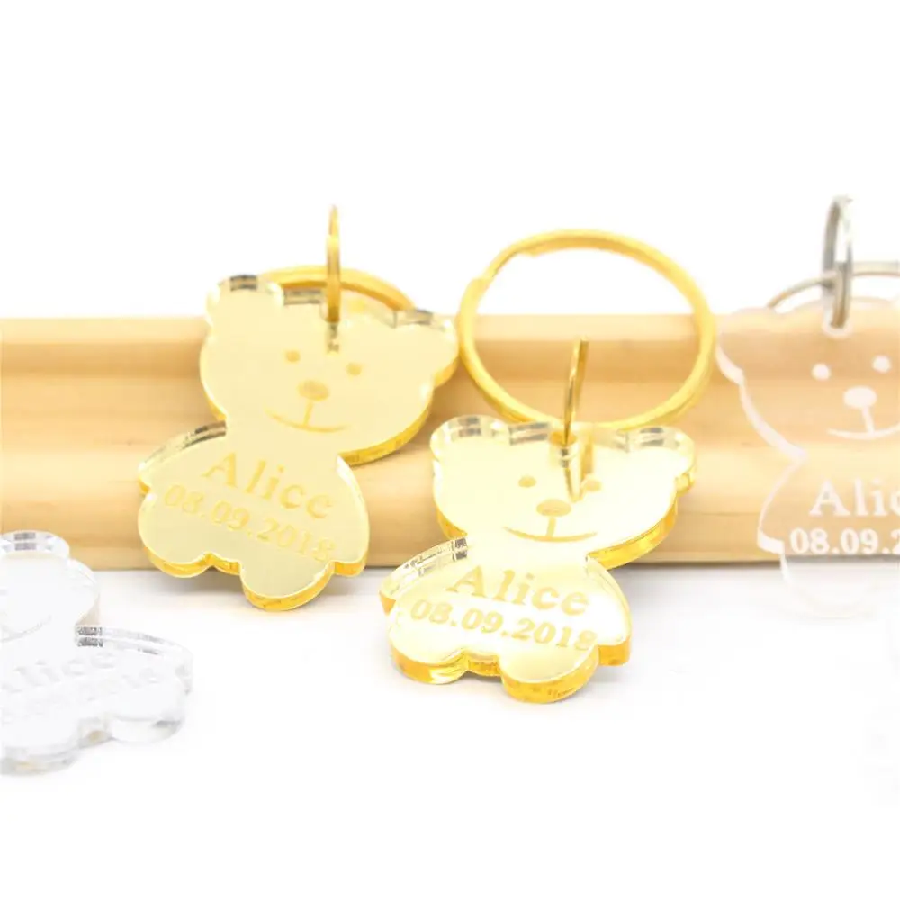 

10 Piece Clear / Mirror Personalized Laser Engraved Key chain Bears Birthday Party Favors Customized Baby Shwer Keyring
