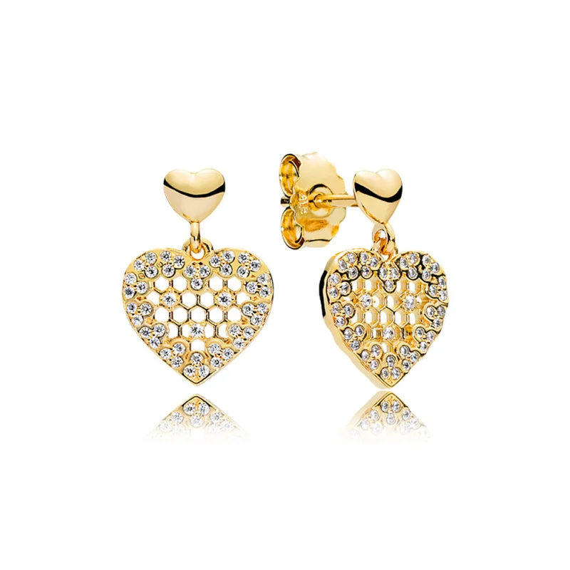 

2018 Bee series Real 100% 925 Silver Golden Shine Honeycomb Lace Earring Studs Original panqiou charm For Women Earring Jewelry