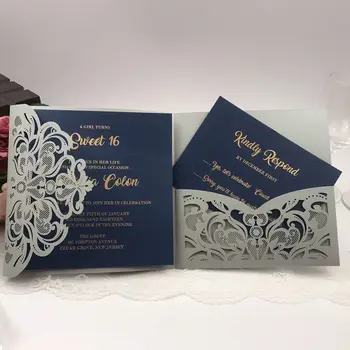 

Elegant laser cut flower tri-fold wedding invitation card cover, party invitations in 24 color Christening invites 50pcs
