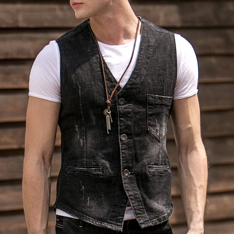 Verano Otoño Casual Para Hombre Cuello En V Sin Mangas Chaleco Denim Chaleco, primavera Elegante Fresca Ripped Negro Gris Chaleco de Jeans Abrigos Hombre|vest coat for men|vest waistcoatdenim vest - AliExpress