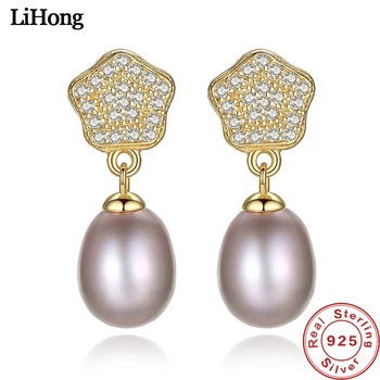 

Natural Purple Pearl Earrings 925 Sterling Silver Earrings Flower with AAA Zircon Crystal Earrings Women Jewelry