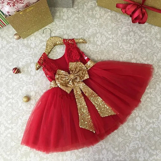 

Cute red knee length lace beautiful flower girl dresses kids baby first birthday frocks toddler evening prom ball gowns