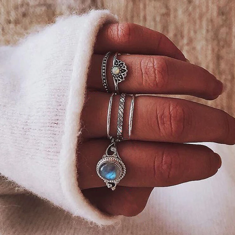 

Guvivi Natural Stone Steam Punk Knuckle Ring Set For Women Silver Color Handmade Flower Pattern Midi Finger Rings Boho Jewelry