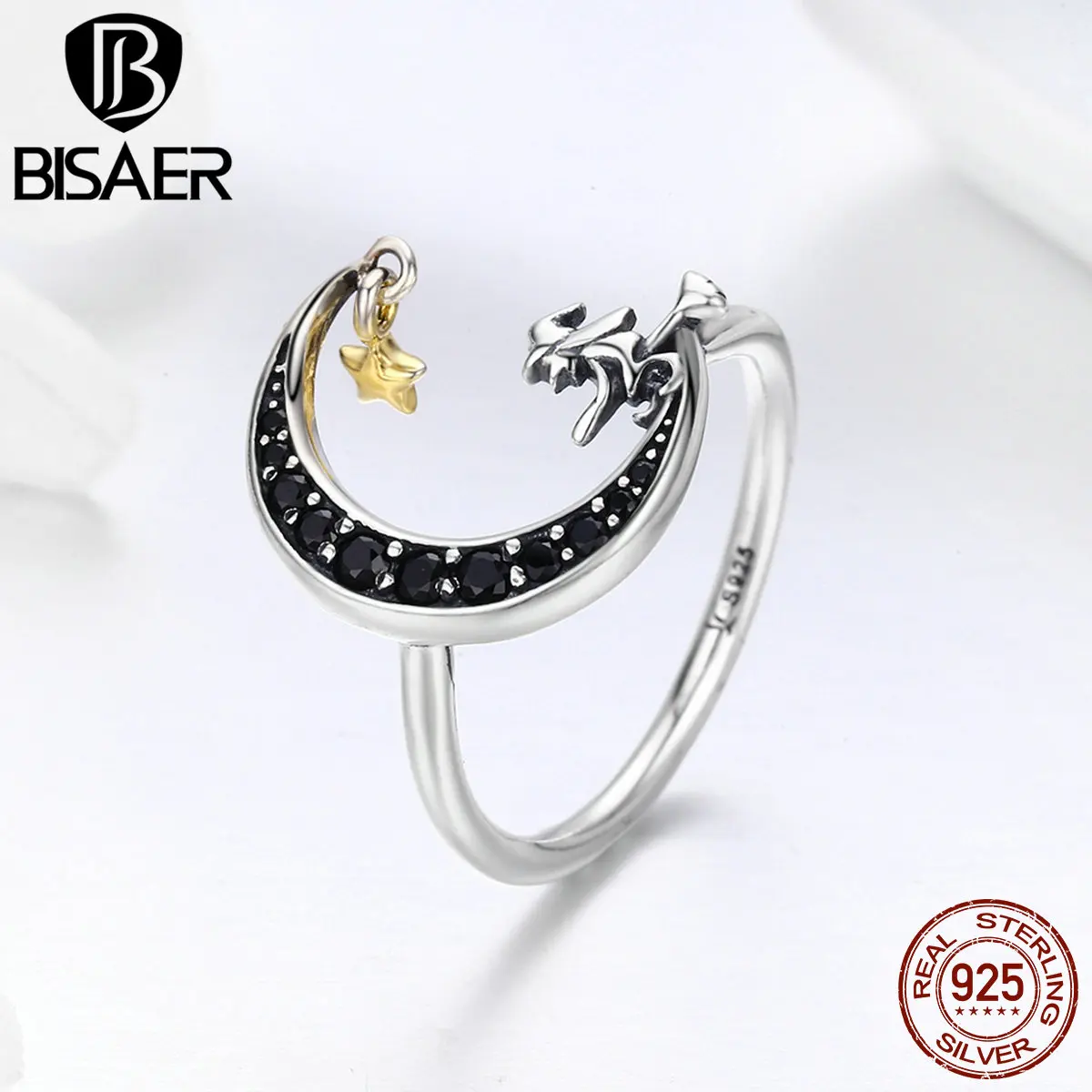 Real 100% 925 Sterling Silver Magic Witch Black Moon Star Dangle Finger Ring Women Girl Sterling Silver Jewelry Wedding Gift
