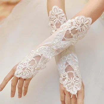 

Wedding gloves new lace beaded white beige red black bridal gloves cheap gants mariage wholesale