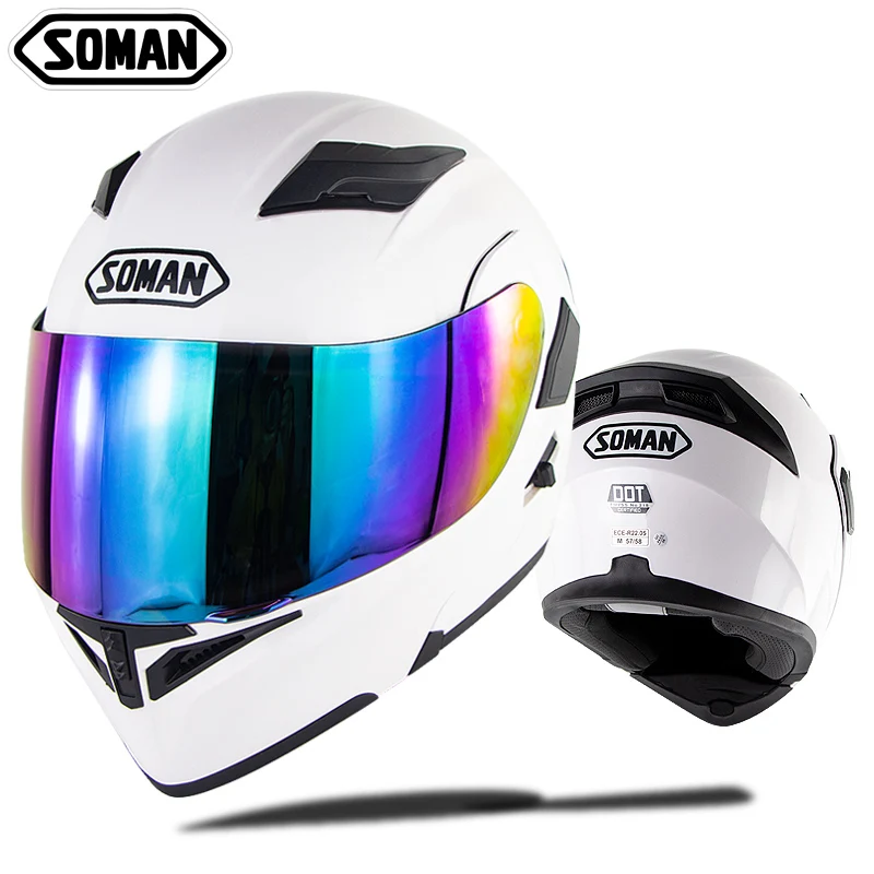 Soman Full Face Motorcycle Street Helmet with K5 Rainbow Lens Motor Bike Racing Helm Motocross Casco Casque Moto DOT SM955 | Автомобили и