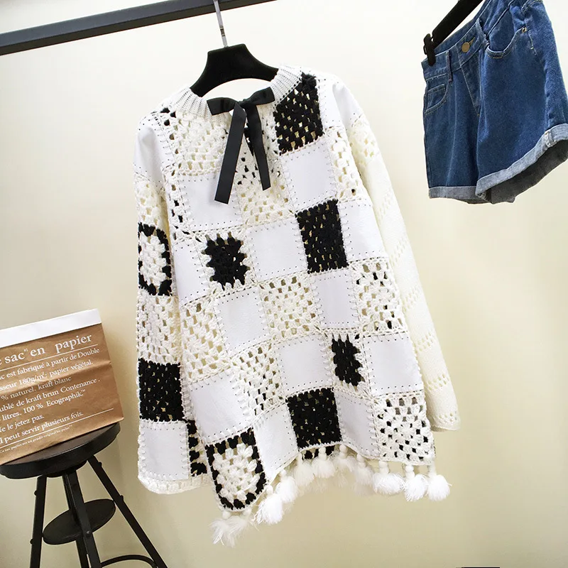 Crochet sweater female tassel hem net red same bow knitted sweater 