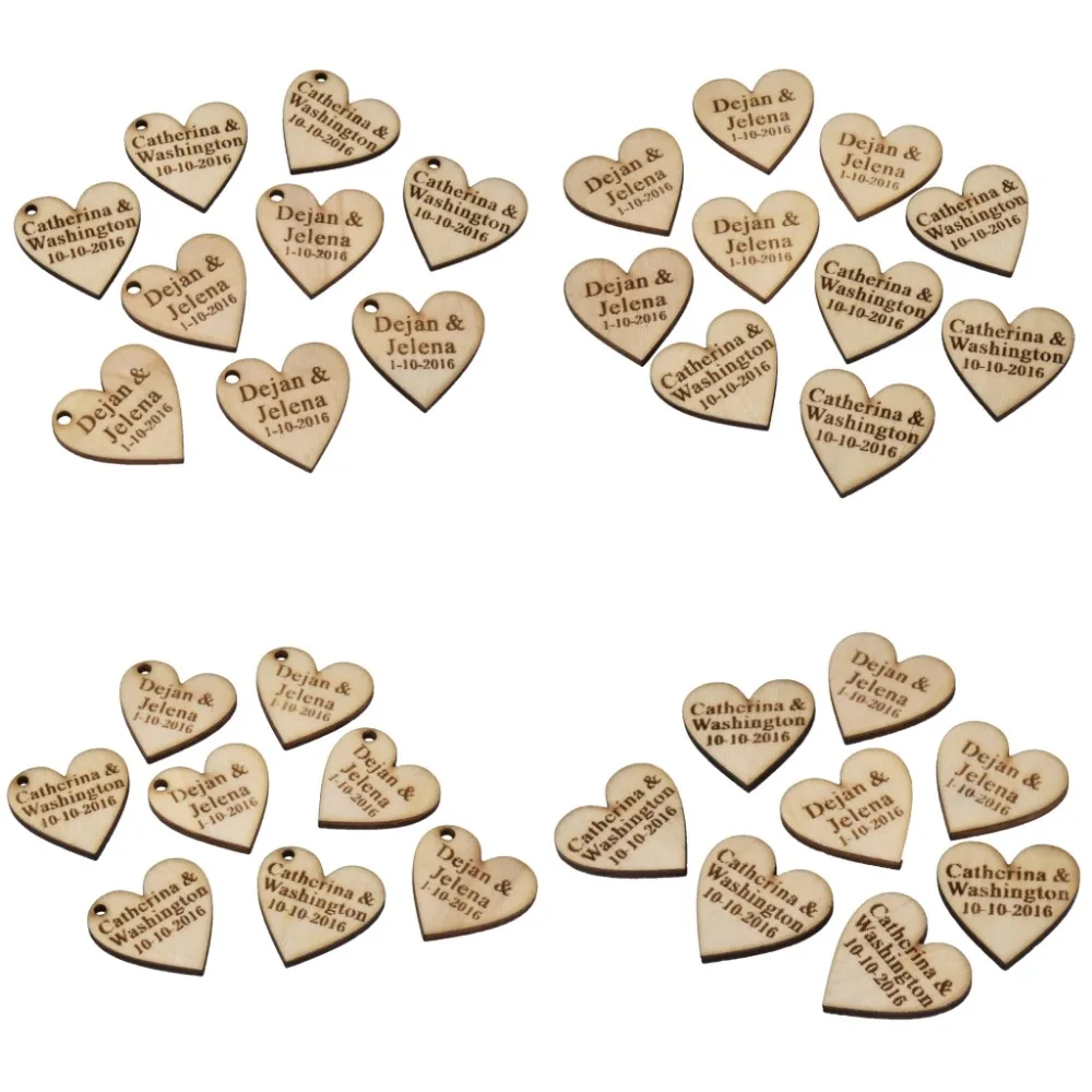 

100pcs 4*4cm Personalised Engraved Wooden Love Heart Wedding Tag Table Centerpieces With Hole Valentine's Decors Birthday Favor