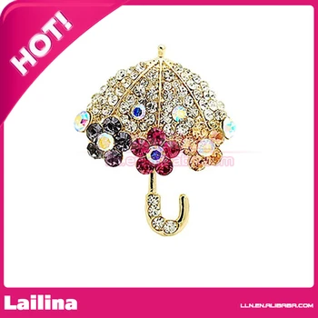 

100pcs/lot Women's Muti-color Rhinestone Umbrella Brooch Pin Golden Tone