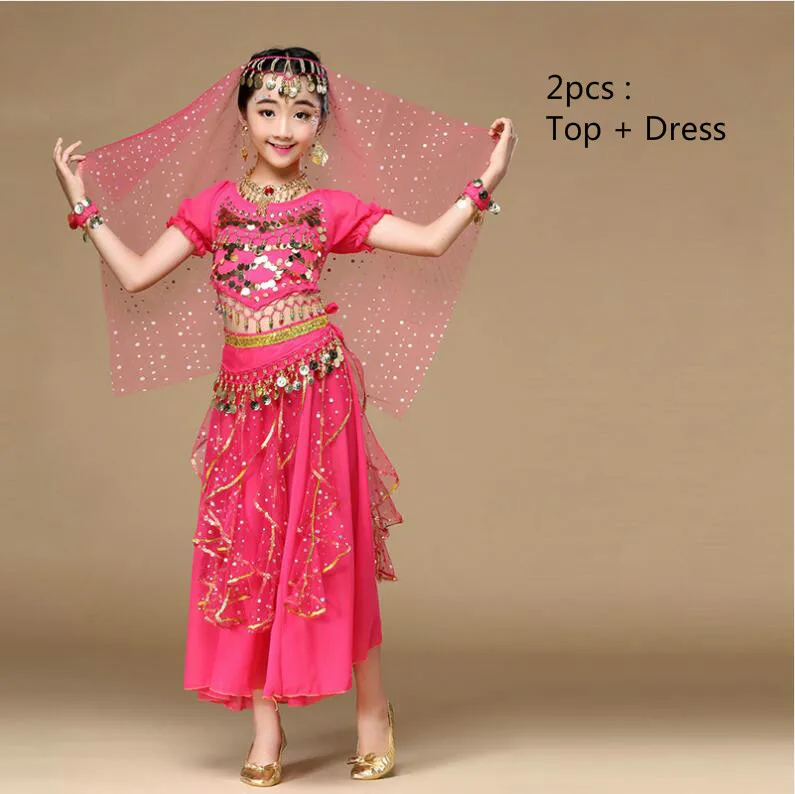 5 цветов, костюмы для танца живота, Детские Костюмы Болливуда для индийского представления, танцевальная одежда, детские костюмы для восточных танцев, комплект одежды для девочек - Цвет: 2pcs rose red