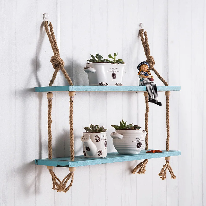 Koop DIY Middellandse Zee Stijl Houten Hangable Hennep Roap Muur Rack met 2 Plank Opbergrek Board Muur amp; Home Decoratieve Board