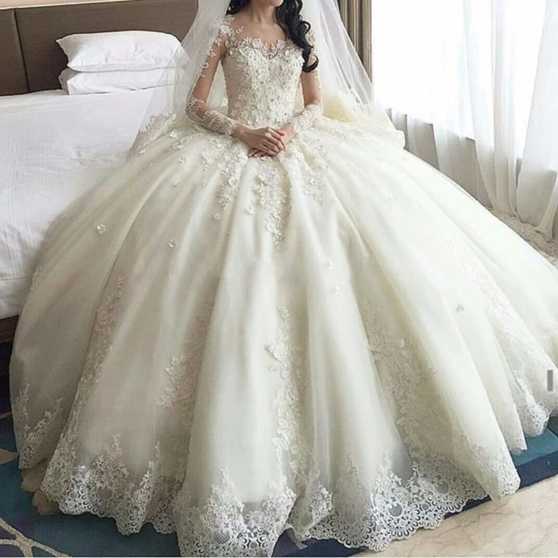 Роскошное Свадебное платье с длинными рукавами и кружевной аппликацией, vestido de noiva, женские свадебные платья+ Бесплатные свадебные аксессуары