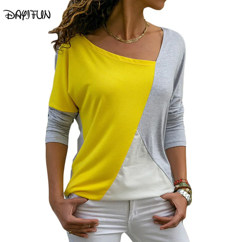 

DAYIFUN New Fashion Shirts 2019 Solid color Women's Stitching Casual Tops Long Sleeve O-neck Patchwork T shirts ZY7319