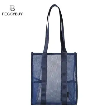 

High Capacity Women Mesh Transparent Bag Totes Solid Color Women Mesh Hollowed Shoulder Handbags Large Picnic Beach Bags