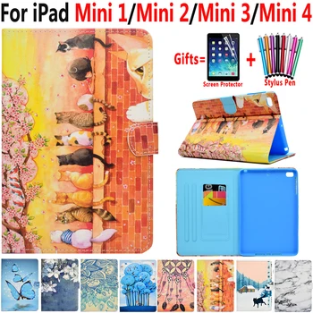 

Fashiion Case for Apple iPad mini 4 3 2 1 7.9 Painted Leather Soft Silicon Smart Flip Cover Coque Capa Funda + Pen +Film